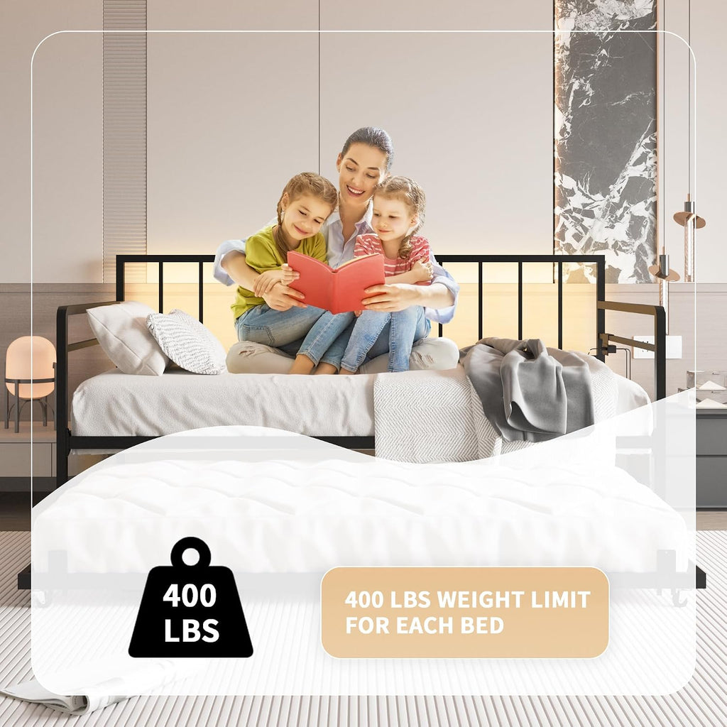 Twin Daybed with Trundle, Day Bed with Charging Station & LED Lights, Metal Sofa Bed Frame with Pop Up Trundle for Living Room, Bedroom, Guest Room, Apartment and Small Spaces (Black, Twin)