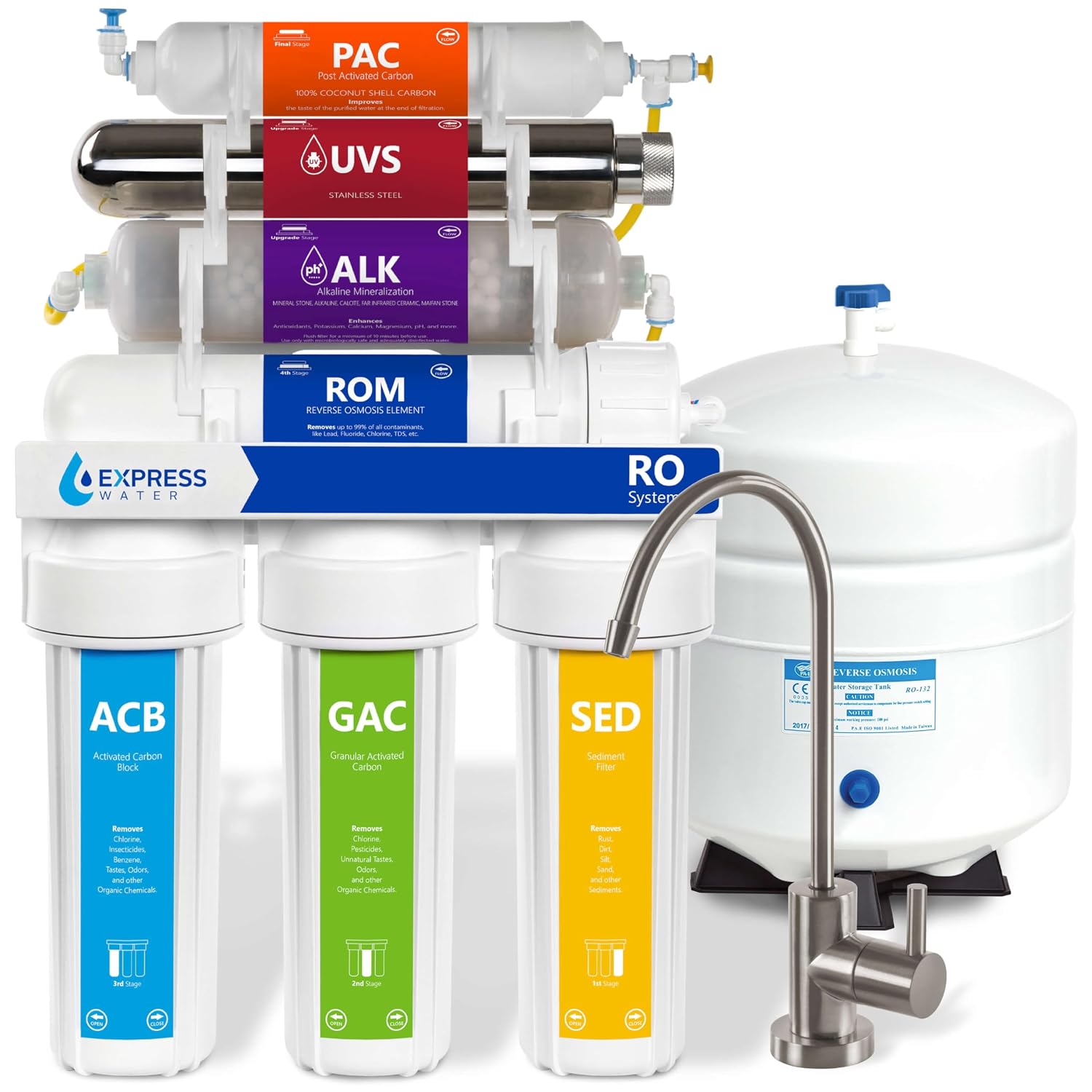 Express Water ROALKUV10MBN 11-Stage Alkaline Under Sink Reverse Osmosis Water Filter System, UV Filter, NSF Certified 372 & 58, 100 GPD, Brushed Nickel Faucet