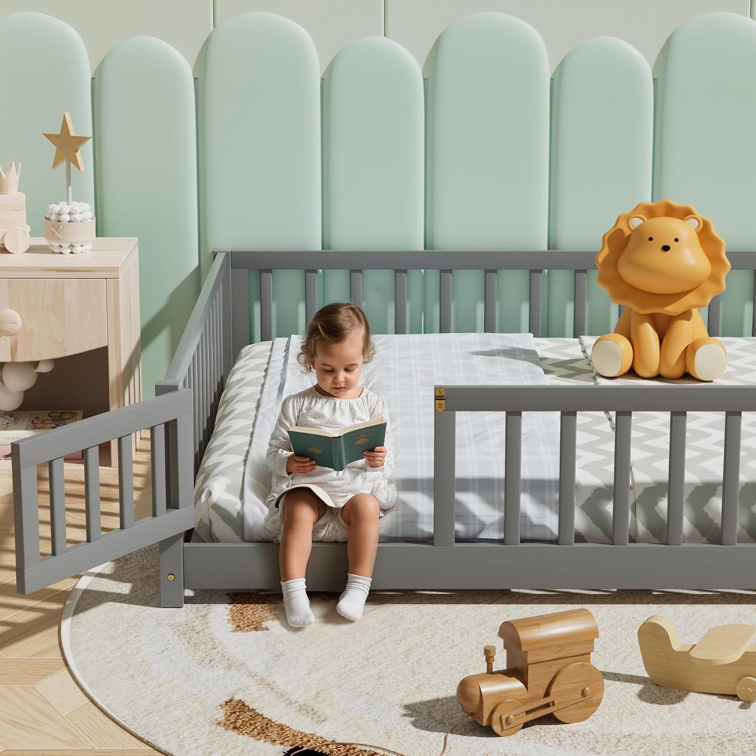 i-POOK Full Floor Bed for Children, Sturdy Wood Montessori Bed Frame with Wood Slats, Fence & Door for Girls and Boys, Gray (with Bed Slats)