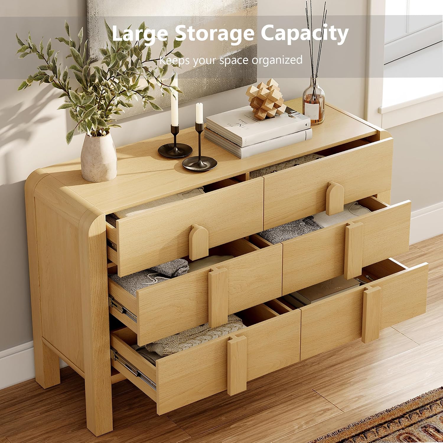 WAMPAT 3 Piece Bedroom Dresser Set, 110.2' Wide Mid Century Modern Chest of Drawers with Curved Handles, Dresser TV Stand with 12 Drawers, Wood Drawer Organizer for Bedroom, Oak