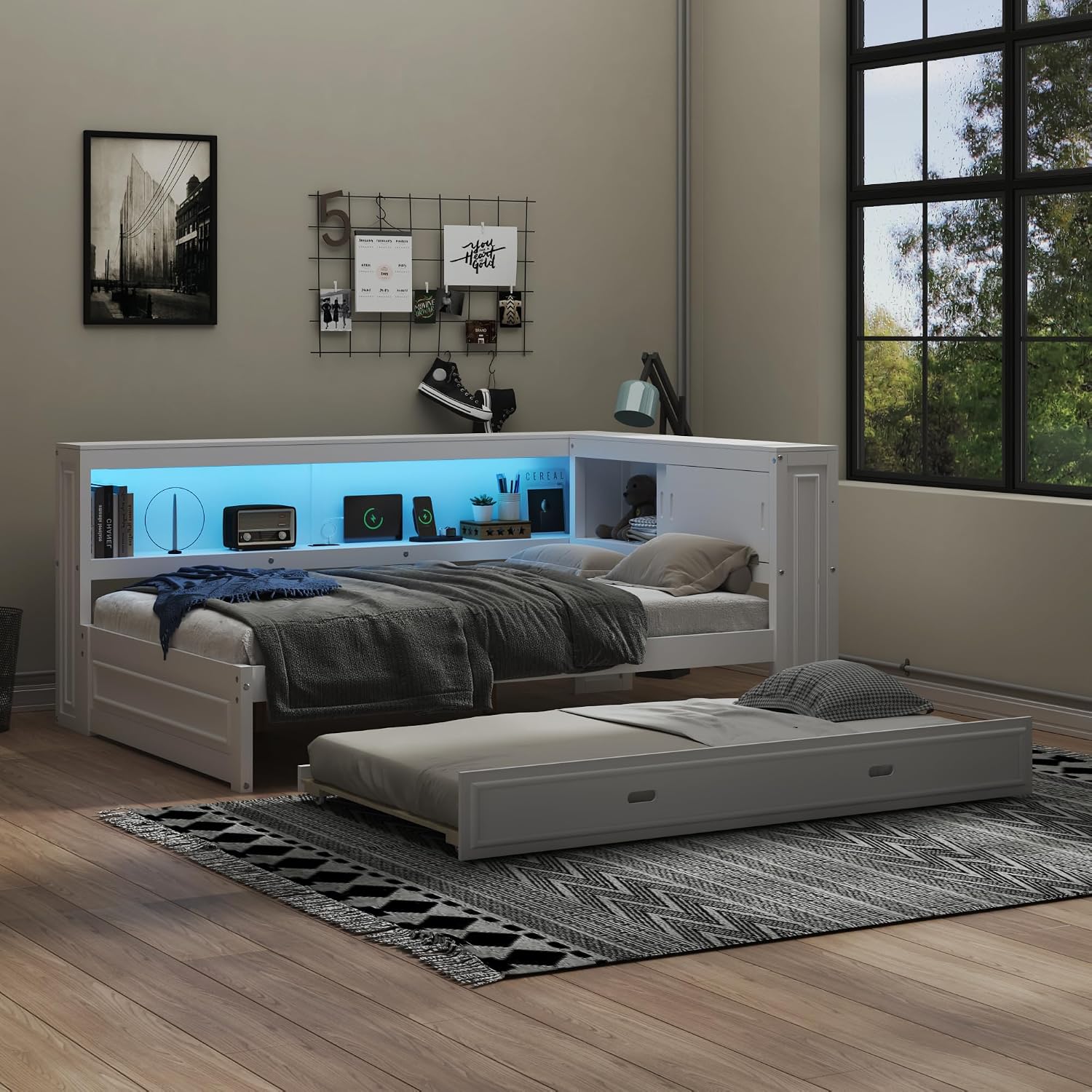 Modern Full Size Daybed with Storage Shelves and Bookcase, L Shape Corner Bed with LED Lights & USB Ports, Full Wood Daybed with Trundle for Kids Teens Adults (White-Q28)