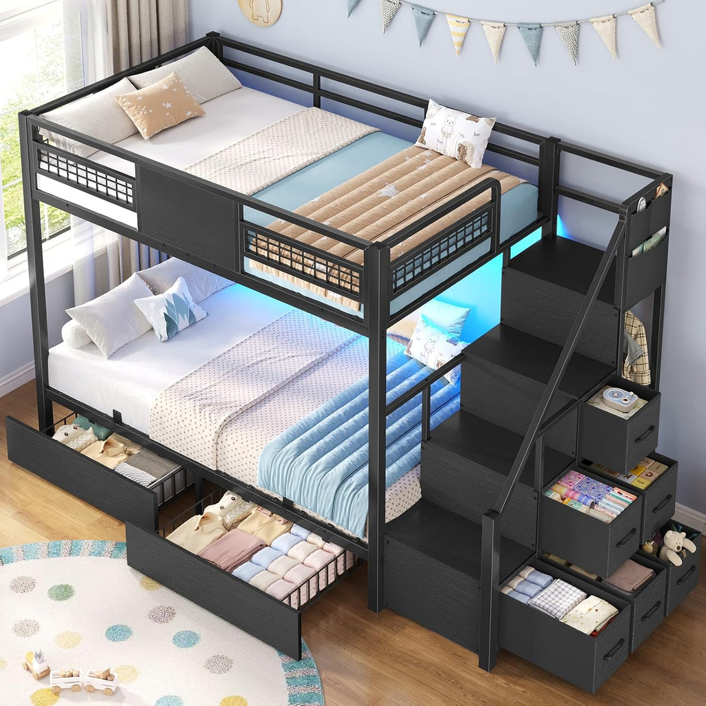 BTHFST Bunk Bed Twin Over Twin with Stairs, LED Lights Twin Bunk Bed with 2 Storage Drawers & 6 Fabric Drawers, Metal Twin Loft Beds with Guardrail & Stairs, Space Saving, Sturdy Frame for Teens