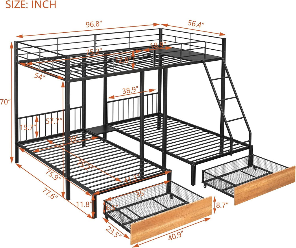 DEINPPA Triple Bunk Bed with Drawers, Can Be Separated into 3 Beds, Full Over Twin & Twin Bunk Bed,Metal Bed for Adult Kids Student Dormitory Bedroom Furniture Set, Black