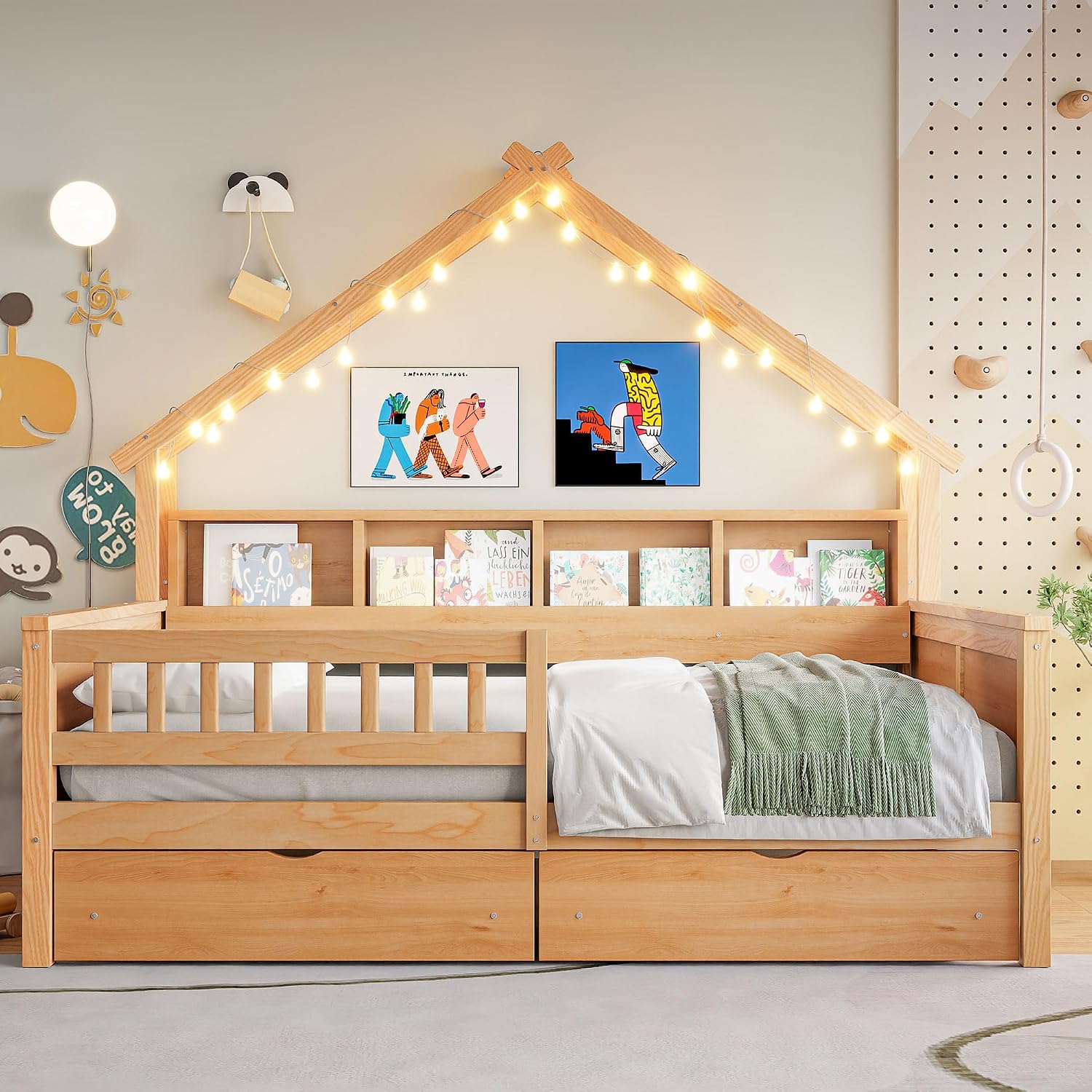 JIVOIT House Beds Wood Platform Bed, Full Size Platform Bed Frame with Storage Shelves, Drawers and Guardrail, Wood Slats Support, No Box Spring Needed (Natural/509)