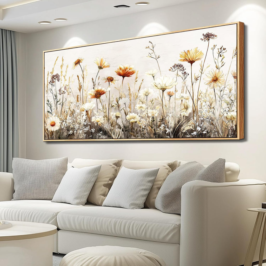 QIYILEXWART Large Wall Decor For Living Room Canvas Wall Art For Office Modern Wall Decorations For Bedroom Neutral Wildflower Landscape Painting Farmhouse Pictures Home Decor 32x72 In