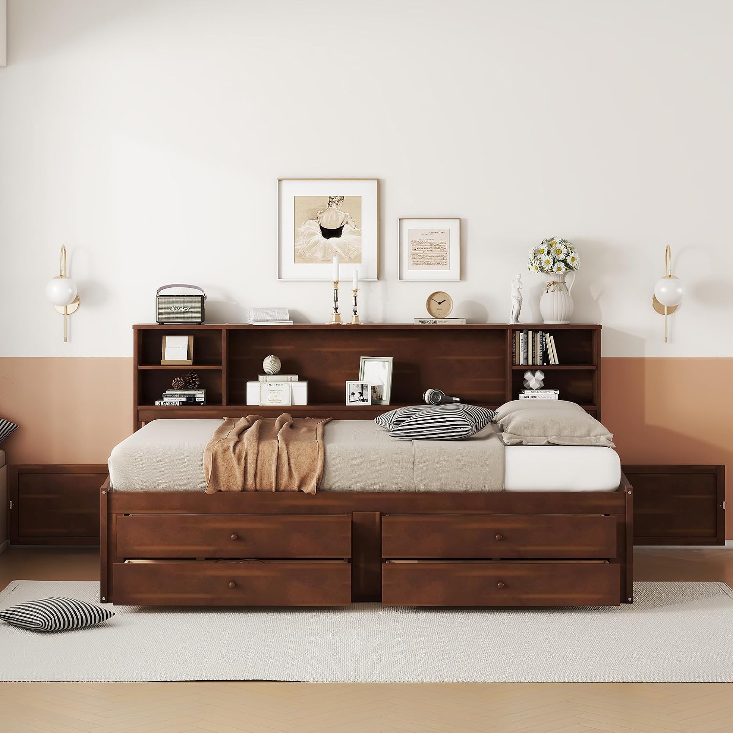 Classic Style Full Size Captain Bed with Built-in Storage Shelves, Wooden Daybed Frame with 4 Drawers and 2 Cabinets, Wood Slats Support for Kids Teens Adults, No Box Spring Needed