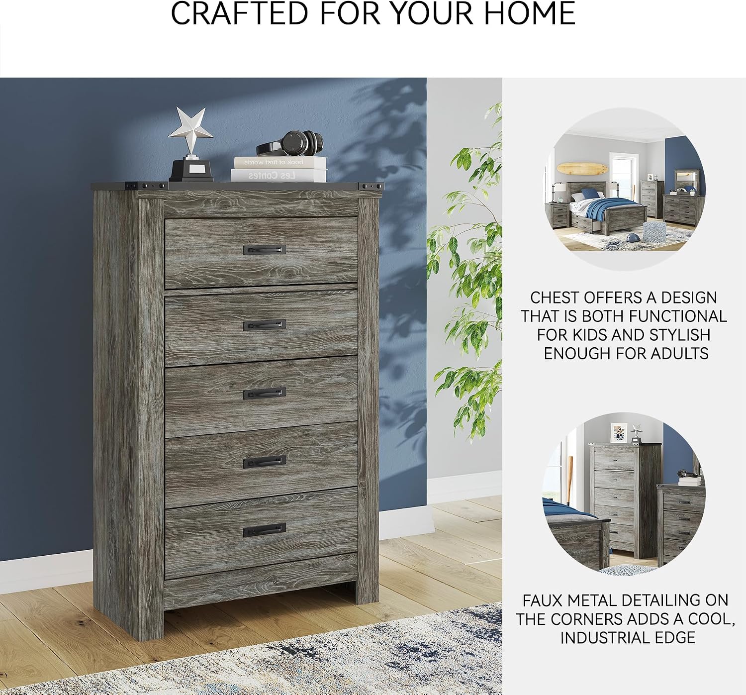 Signature Design by Ashley Frandern Vintage Casual Chest with 5 Smooth-Gliding Drawers, Matte Black Drawer Handles, Wood and Decorative Laminate, Gray, 34.25' W