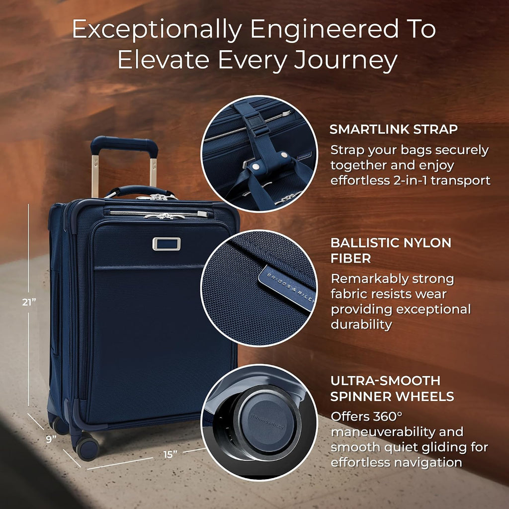 Briggs & Riley Global 21' Carry On Expandable Spinner - Luggage for International Travel, Suitcases with Wheels, Softside Rolling Bag for Men & Women, Self-Repairing Zipper - Baseline Collection, Navy