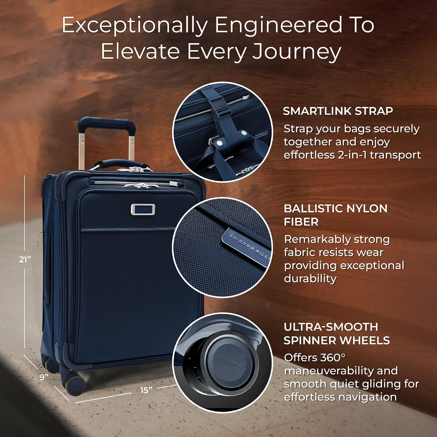 Briggs & Riley Global 21' Carry On Expandable Spinner - Luggage for International Travel, Suitcases with Wheels, Softside Rolling Bag for Men & Women, Self-Repairing Zipper - Baseline Collection, Navy