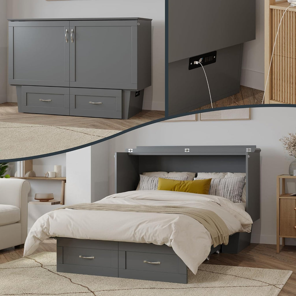 AFI, Monroe Full Murphy Bed Chest with 6' Mattress, Storage Drawer & Built-in USB Charger, Grey