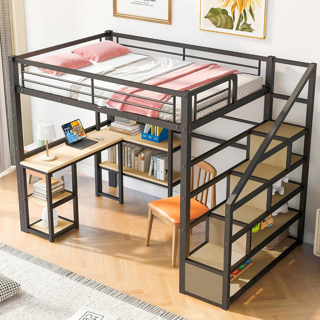 JIVOIT Metal Loft Bed with Storage Staircase, Full Size Loft Bed with Built-in Desk and 3-Tier Storage Shelves, Space-Saving 3 in 1 Design Metal Loft Bed with Guardrails, No Box Spring Needed