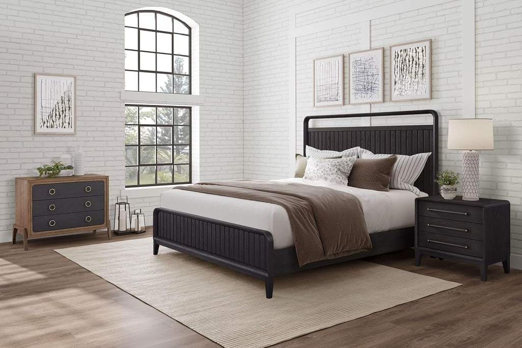 Boho Bed Frame Set Queen, Black Bed Frame Base Solid Wood MDF 86' L x 63.25' W x60 H