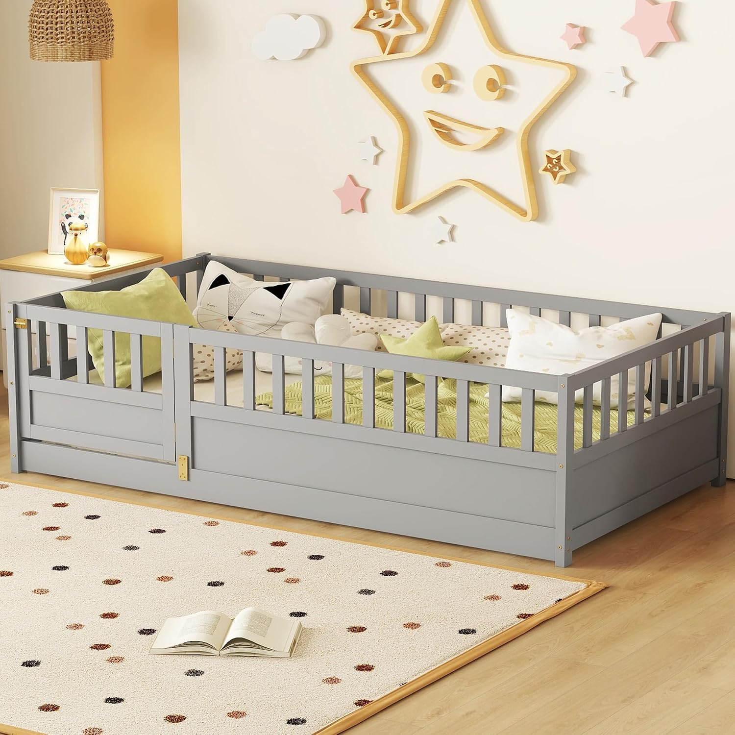 Twin Size Floor Bed with High Fence, Door and Slats, Twin Floor Bed with Slats(Gray Twin)