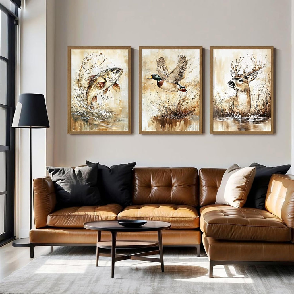 Vintage Animal Wall Art Baby Boy Room Canvas Wall Decor Farmhouse Animal Posters Kids Nursery Hunting Art Prints Rustic Deer Fish Pictures Mallard Duck Painting for Bedroom 24x36x3 Inch Framed
