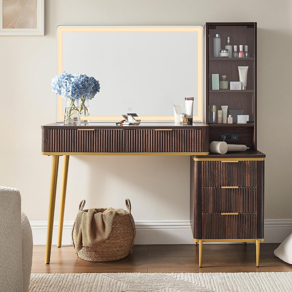 T4TREAM Fluted Makeup Vanity Desk with 36' HD Lighted Mirror, 48' Big Modern Vanity Desk with Mirror and Lights, Dressing Table with 5 Drawers & Shelves, Glass Top for Bedroom, Dark Walnut