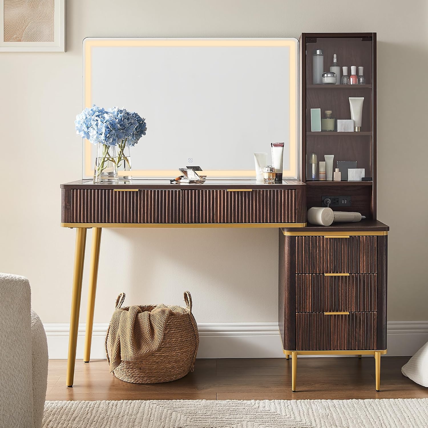 T4TREAM Fluted Makeup Vanity Desk with 36' HD Lighted Mirror, 48' Big Modern Vanity Desk with Mirror and Lights, Dressing Table with 5 Drawers & Shelves, Glass Top for Bedroom, Dark Walnut