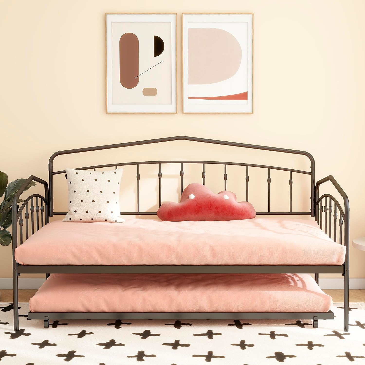 Twin Daybed with Trundle,Metal Sofa Bed Set,Rollaway Daybed Couch Bed Frame for Bedroom Living Room Guest Room Black