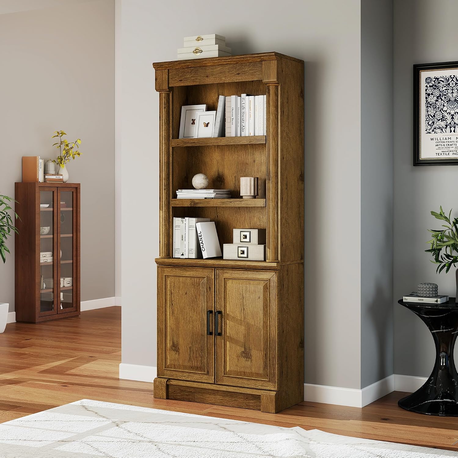 72' Roman Column Bookcase with Double Door Cabinet, 5 Tiers Tall Bookshelf Shelves Storage Anti Tip Kit, Classic American European Modern Multi Style Design for Living Room Study Office, Vintage Oak