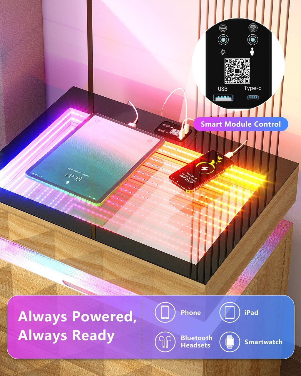 Night Stand Set 2 with Charger Station & RGB Lights, 3 Drawers Bedside Table with Sliding Top, Modern Night Stands with Human Body Sensor for Bedroom, Wood