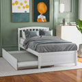 Modern Solid Wood Platform Bed with Trundle Classic Bed Frame with Headboard, No Box Spring Needed Space Saving, Twin White