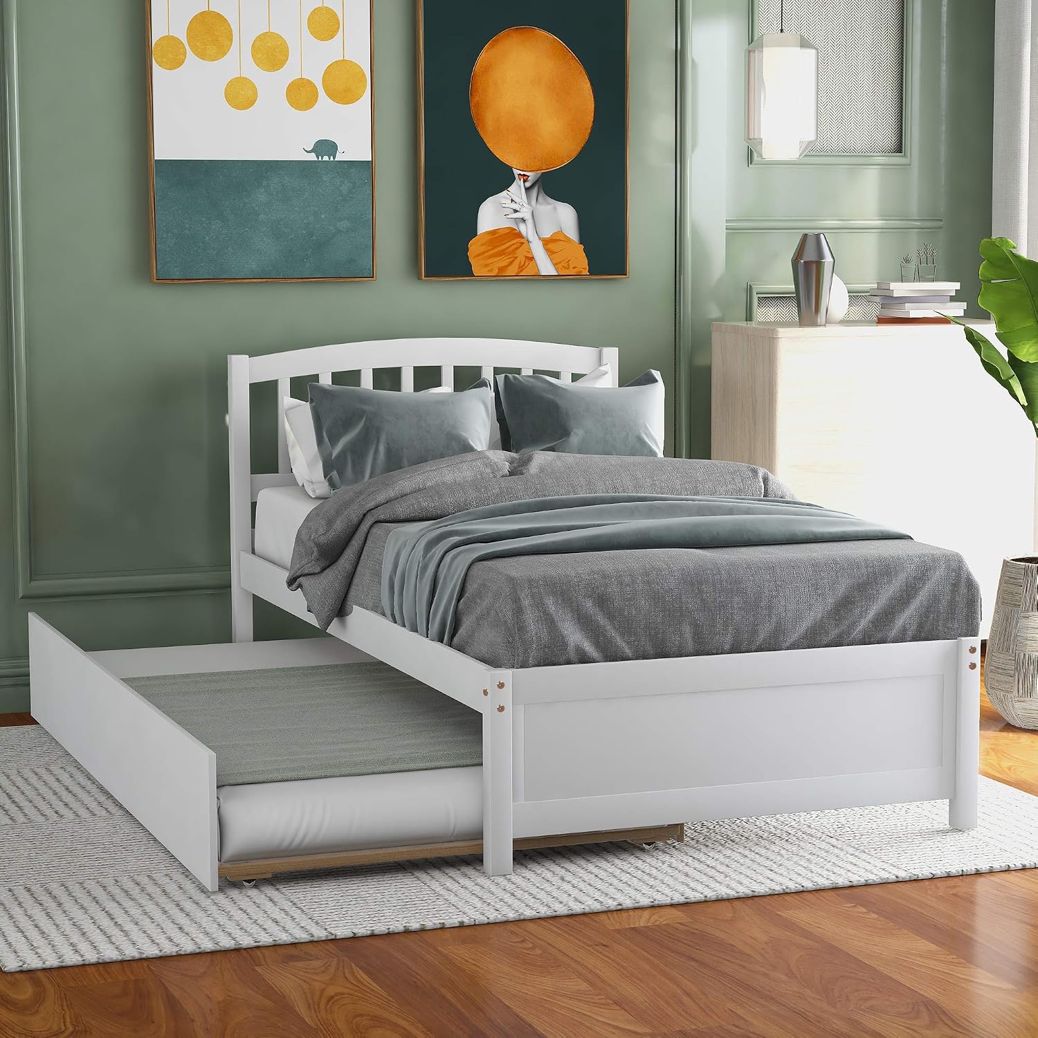Modern Solid Wood Platform Bed with Trundle Classic Bed Frame with Headboard, No Box Spring Needed Space Saving, Twin White