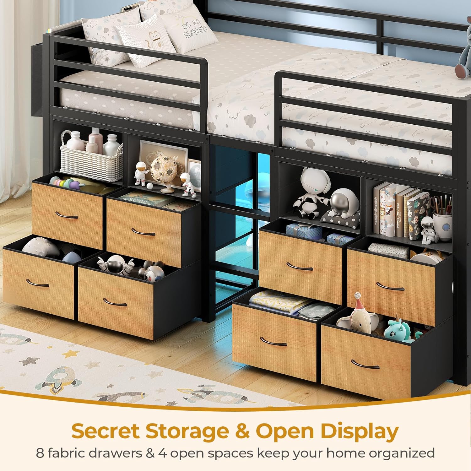 ADORNEVE Low Loft Bed Twin Size with 8 Storage Drawers, Twin Loft Bed with Bookcase and LED Lights, Metal Kids Loft Bed with 14' H Safety Guardrail, Under-Bed Play Space, No Box Spring Needed, Natural