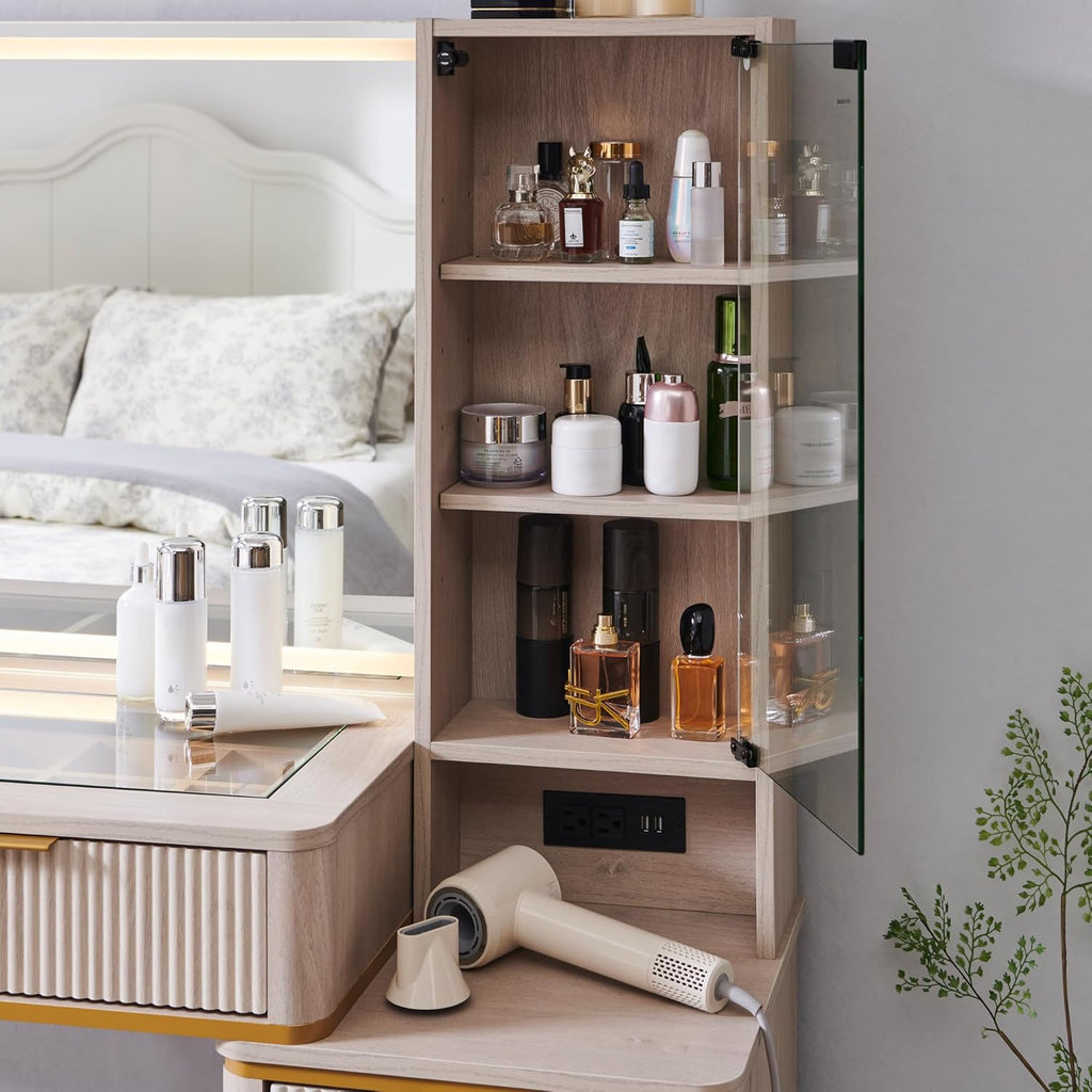 T4TREAM Fluted Makeup Vanity Desk with 36' HD Lighted Mirror, 48' Big Modern Vanity Desk with Mirror and Lights, Dressing Table with 5 Drawers & Shelves, Glass Top for Bedroom (Alder White)