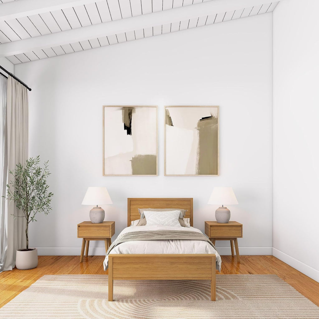 Plank+Beam Solid Wood Twin Bed Frame with Panel Headboard, Modern Twin Platform Bed with Wood Slat Support, No Box Spring Needed, Pecan