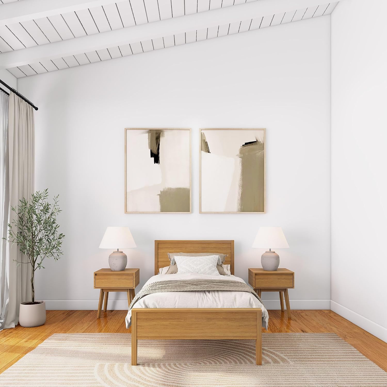 Plank+Beam Solid Wood Twin Bed Frame with Panel Headboard, Modern Twin Platform Bed with Wood Slat Support, No Box Spring Needed, Pecan