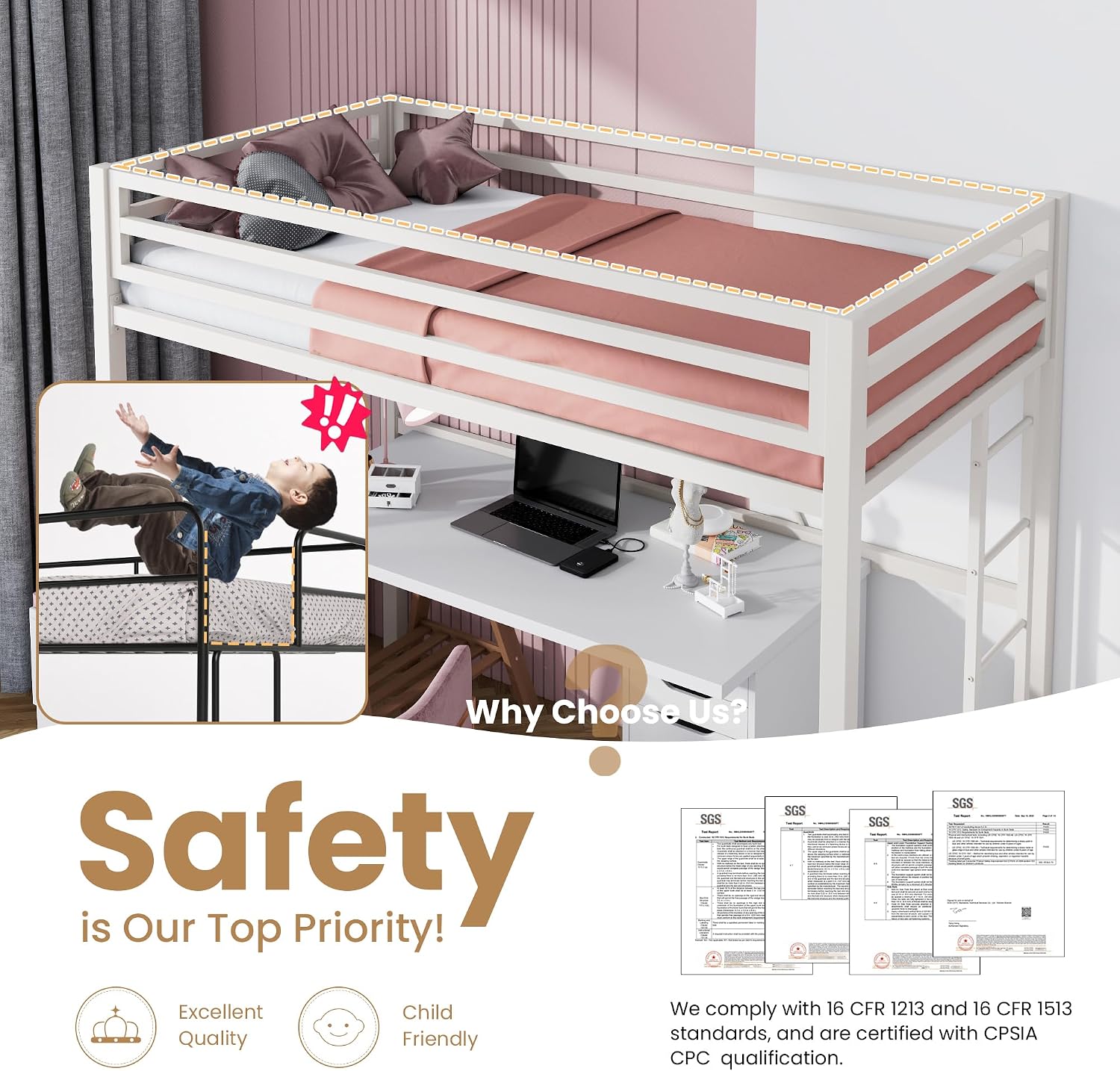 SHA CERLIN Loft Bed Twin Size with Ladder and Guardrail,Heavy Duty Metal Slats Support No Box Spring Needed Small Space Saving Furniture for Bedroom Dorm,White