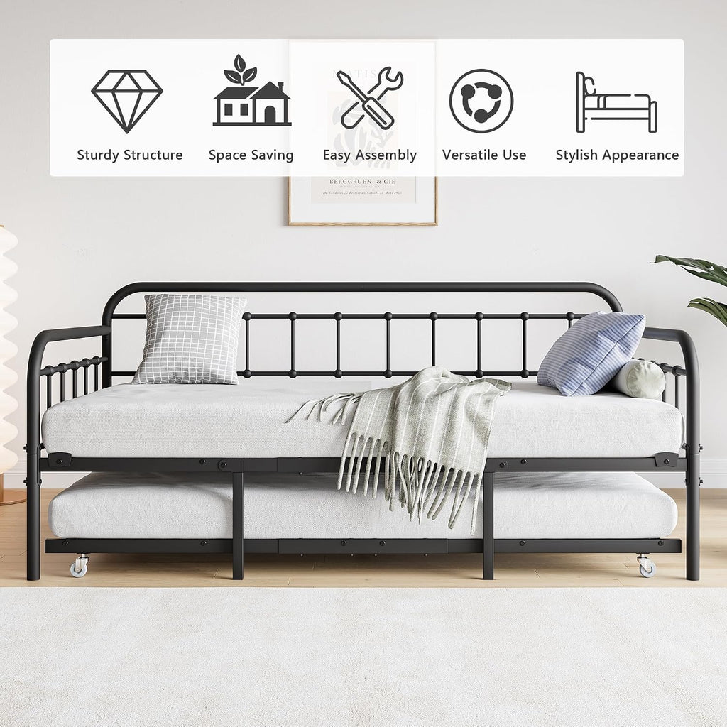 mikibama Twin Daybed with Trundle,Victorian Metal Daybeds with Pull Out Trundle,Vintage Guest Day Bed Frame Twin Size for Living Room,Bedroom,Apartment (Black with Trundle)