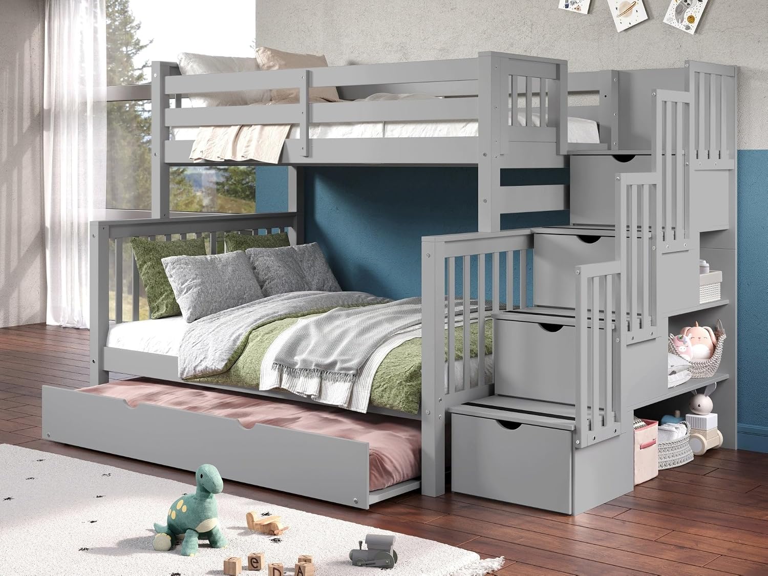 Bedz King Stairway Bunk Beds Twin Over Full, 4 Step Drawers, Twin Trundle, Gray