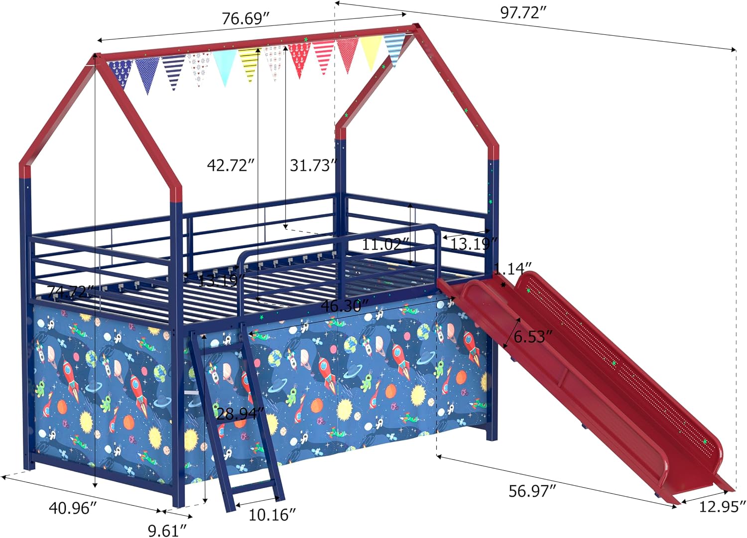 Jack Metal Junior House Twin Loft Bed with Slide and Curtain Set, Navy Blue and Red, 76.7' L x 97.8' W x 74.7' H