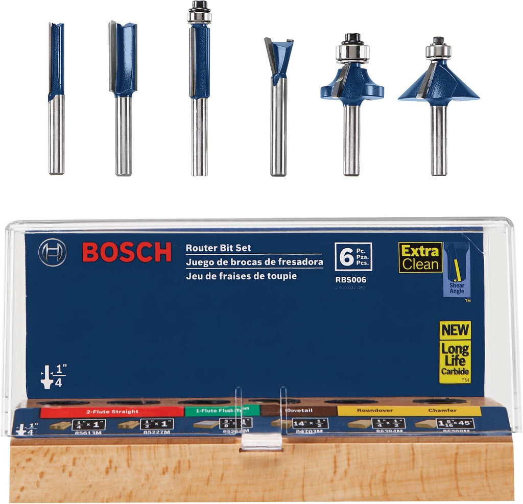 BOSCH RBS006 6-Piece 1/4 in. Shank Carbide-Tipped Multi-Purpose Router Bits Assorted Set with Included Storage Case for Applications in Straight, Trimming, Decorative Edging, Dovetail Joinery