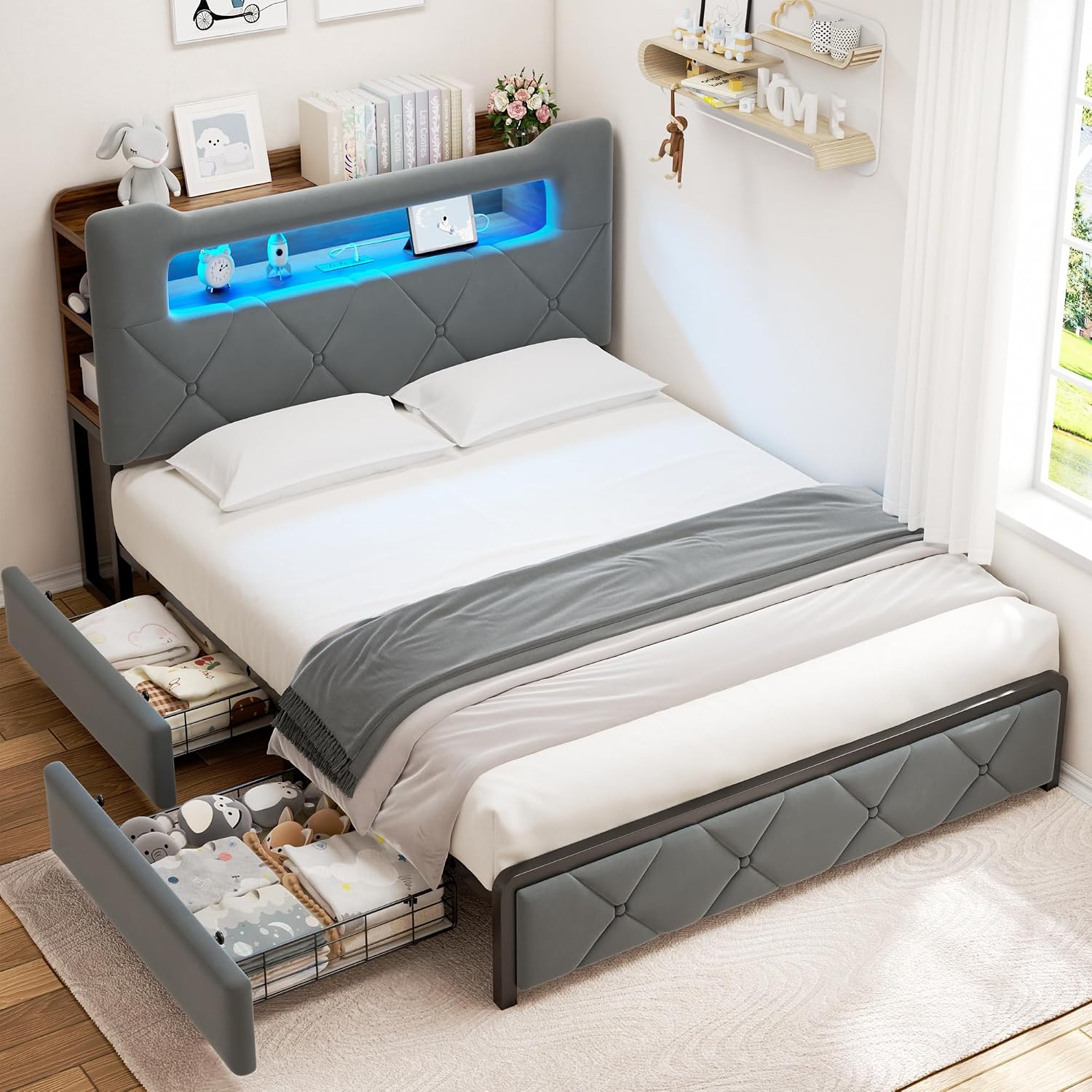 Jocoevol Full Upholstered LED Bed Frame with 2 Storage Drawers and 2-Tier Storage Headboard, Velvet Platform Bed with Charging Station & Bookcase, Corner Bed Frame, Heavy Duty Metal Support, Grey