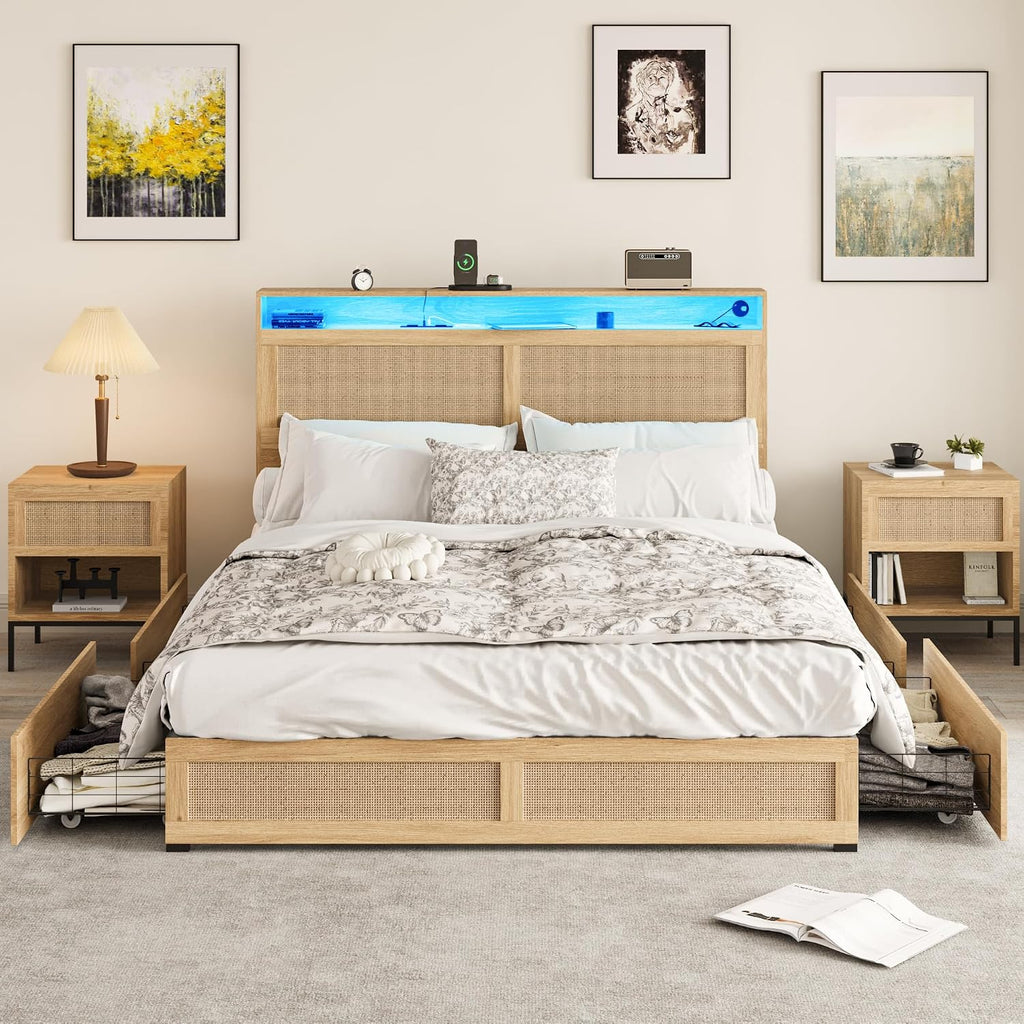 Fameill Full Bed Frame with LED Light and 4 Drawers, Rattan Hidden Storage Headboard, Charging Station, Metal Platform Boho Bed Frame No Box Spring Needed