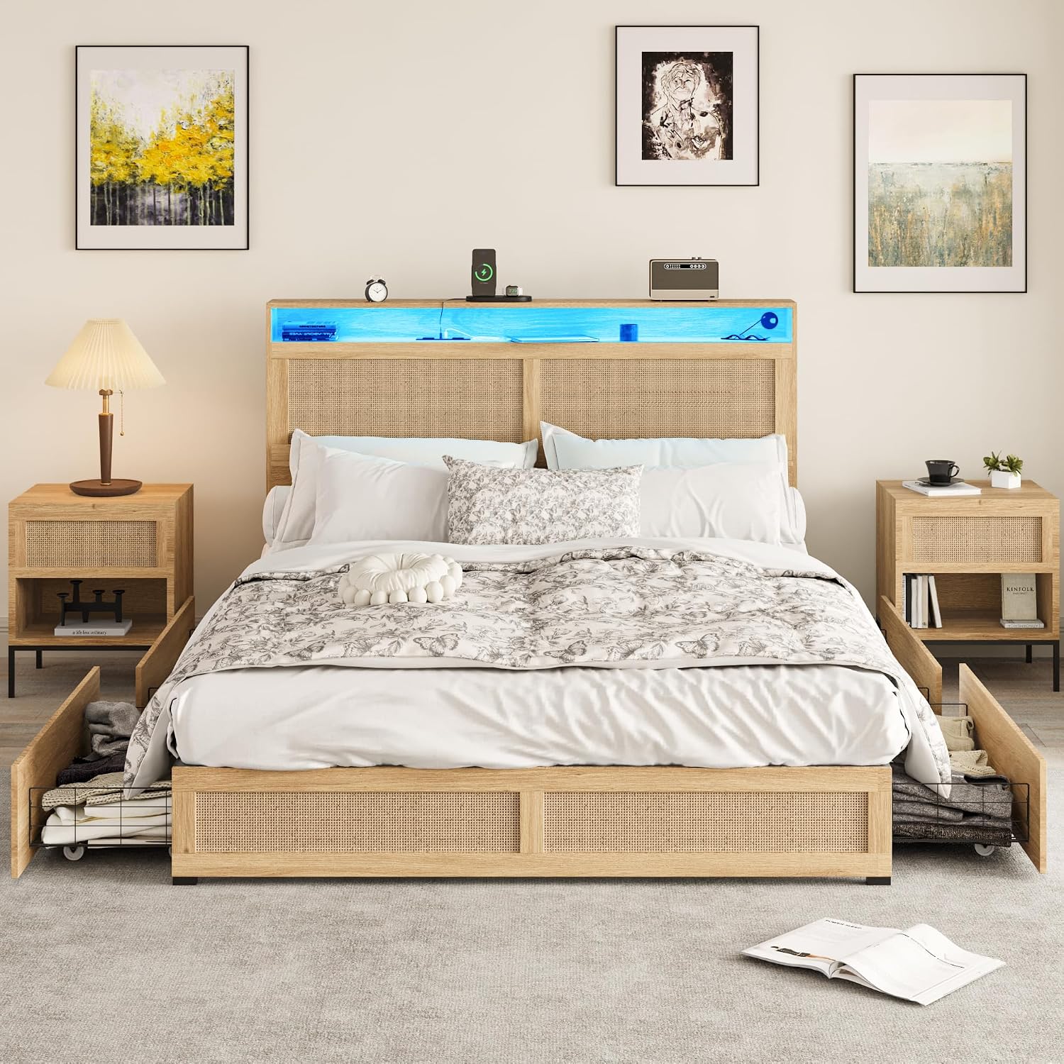 Fameill Full Bed Frame with LED Light and 4 Drawers, Rattan Hidden Storage Headboard, Charging Station, Metal Platform Boho Bed Frame No Box Spring Needed