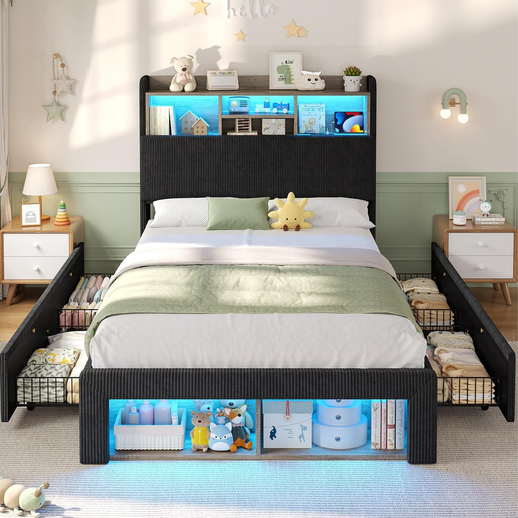 ADORNEVE Twin Bed Frames with 4 Storage Drawers, 2 Footboard Cubbies and RGB Lights, Corduroy Upholstered Platform Bed with Charging Station and Storage Headboard, No Box Spring Needed, Black
