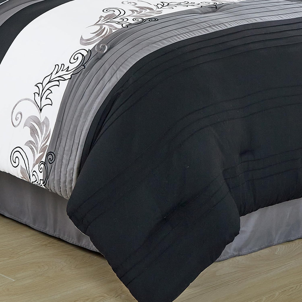 Chezmoi Collection Napa 7-Piece Luxury Leaves Scroll Embroidery Bedding Comforter Set (California King, Black/Gray/White)