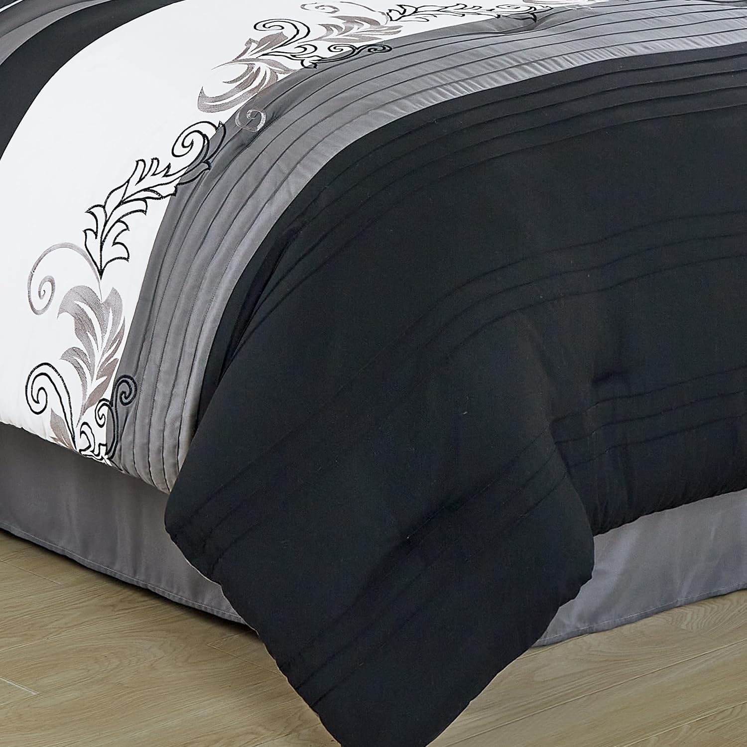 Chezmoi Collection Napa 7-Piece Luxury Leaves Scroll Embroidery Bedding Comforter Set (California King, Black/Gray/White)