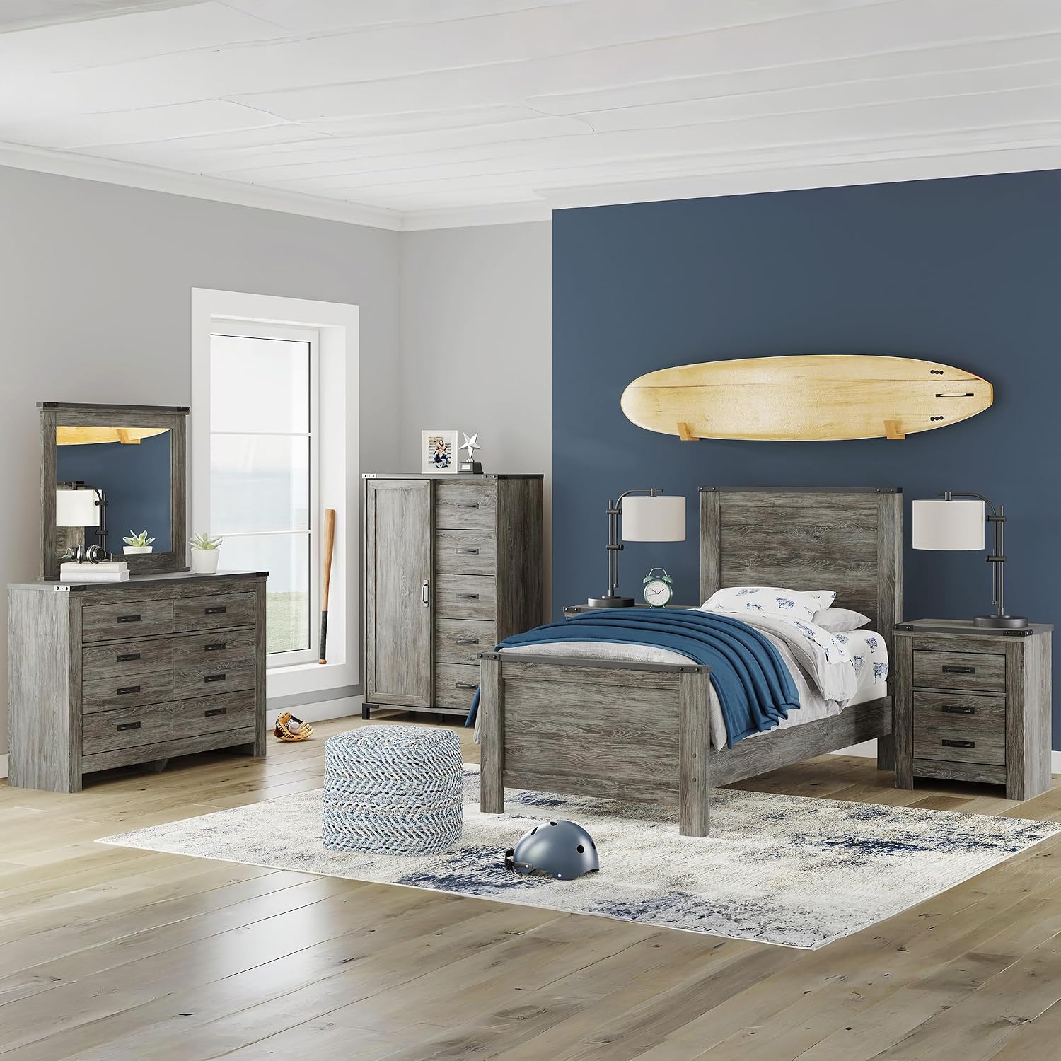 Signature Design by Ashley Frandern Industrial Panel Bed with Nailhead Accents, Foundation or Box Spring Needed, Twin, Gray