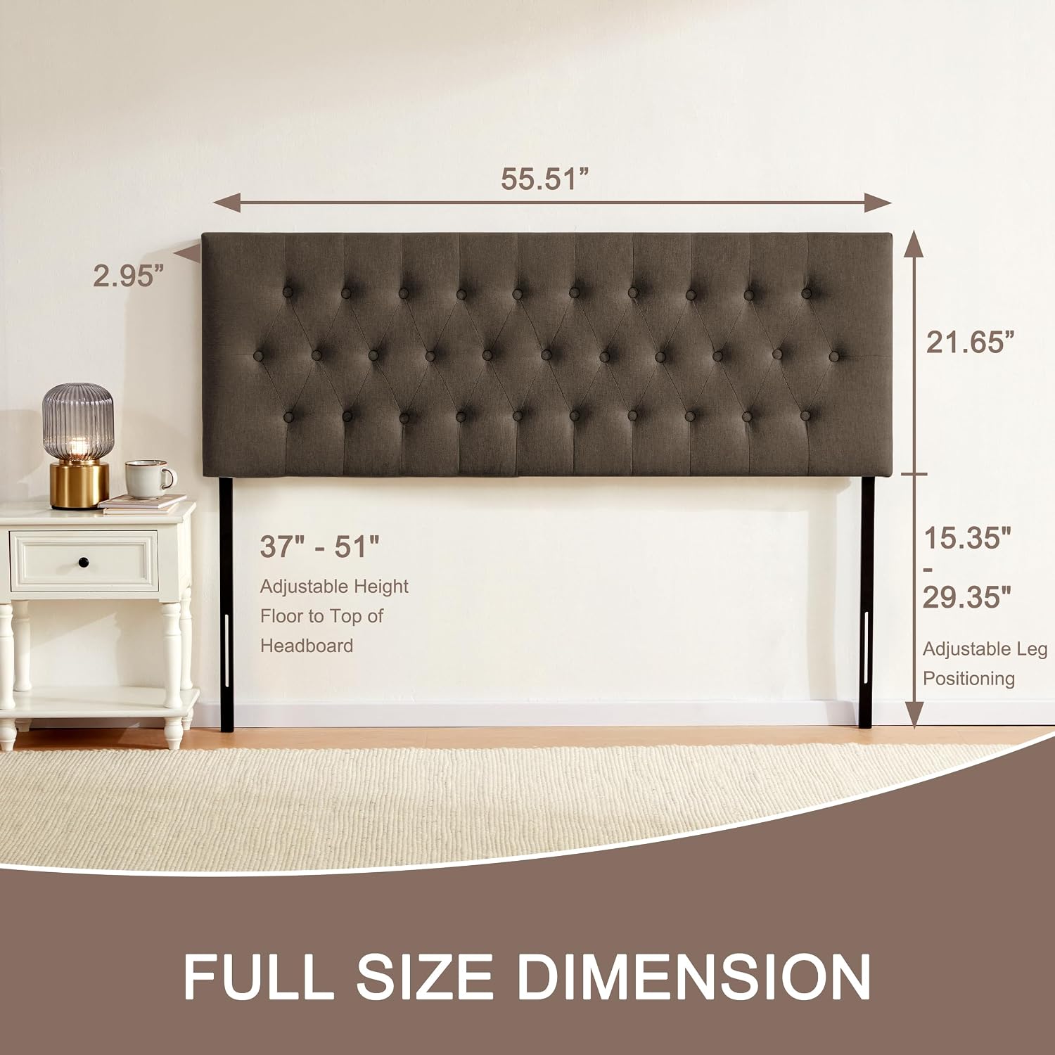 Huatean Home Tufted Upholstered Headboard Full Size, Solid Wood Head Board with Durable Metal Legs, Adjustable Height Bed headboard from 37' to 51' Fabric Headboard in Modern Button Design, Chocolate