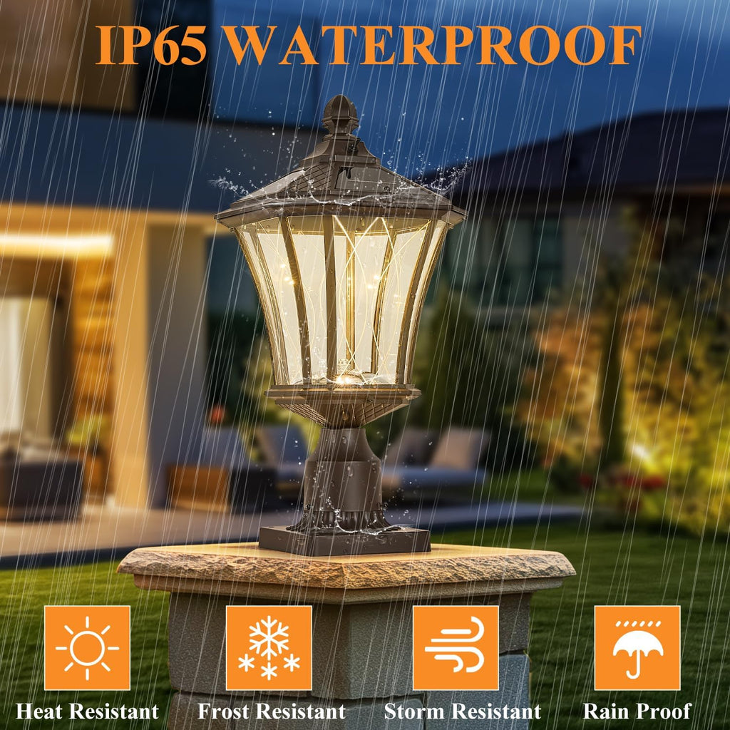 Dusk to Dawn Solar Outdoor Post Lights, Brown Outside Pillar Lights with Pier Mount Base, Waterproof Aluminum Solar Pole Lamps Head with Patterned Glass for Yard, Path, Garden