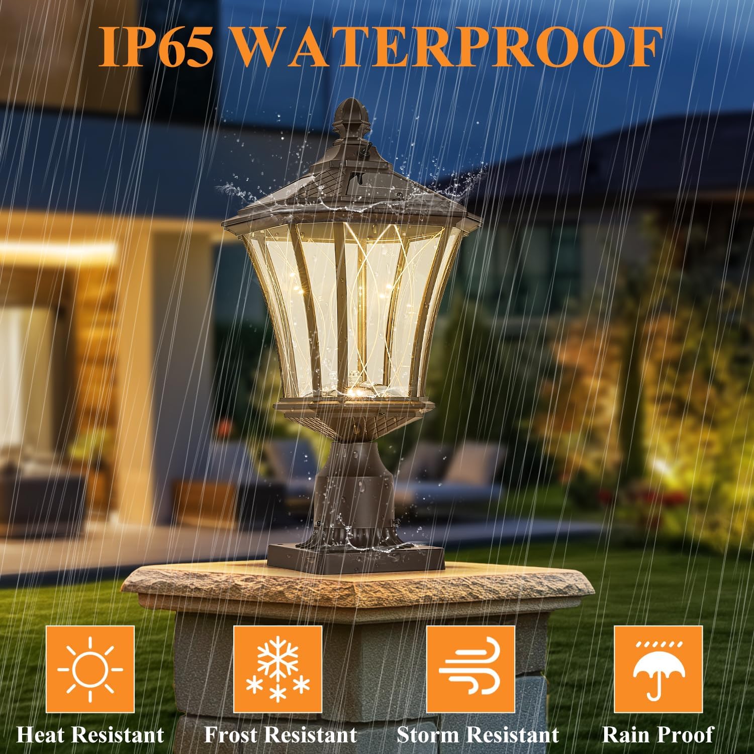 Dusk to Dawn Solar Outdoor Post Lights, Brown Outside Pillar Lights with Pier Mount Base, Waterproof Aluminum Solar Pole Lamps Head with Patterned Glass for Yard, Path, Garden