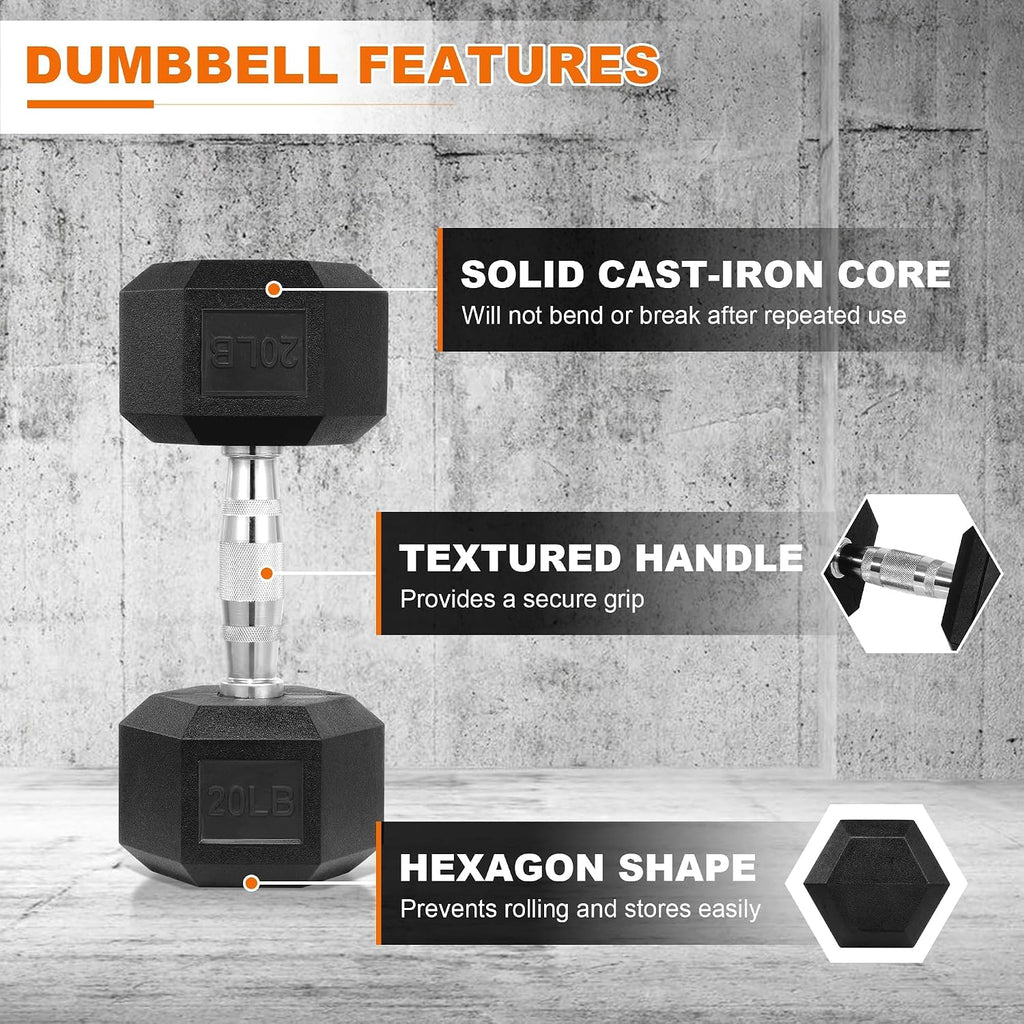 Fitvids Dumbbell Set with Rack, Rubber Coated Hex Dumbbell Weights in 150lbs, 5, 10, 15, 20, 25lbs Pair, Black