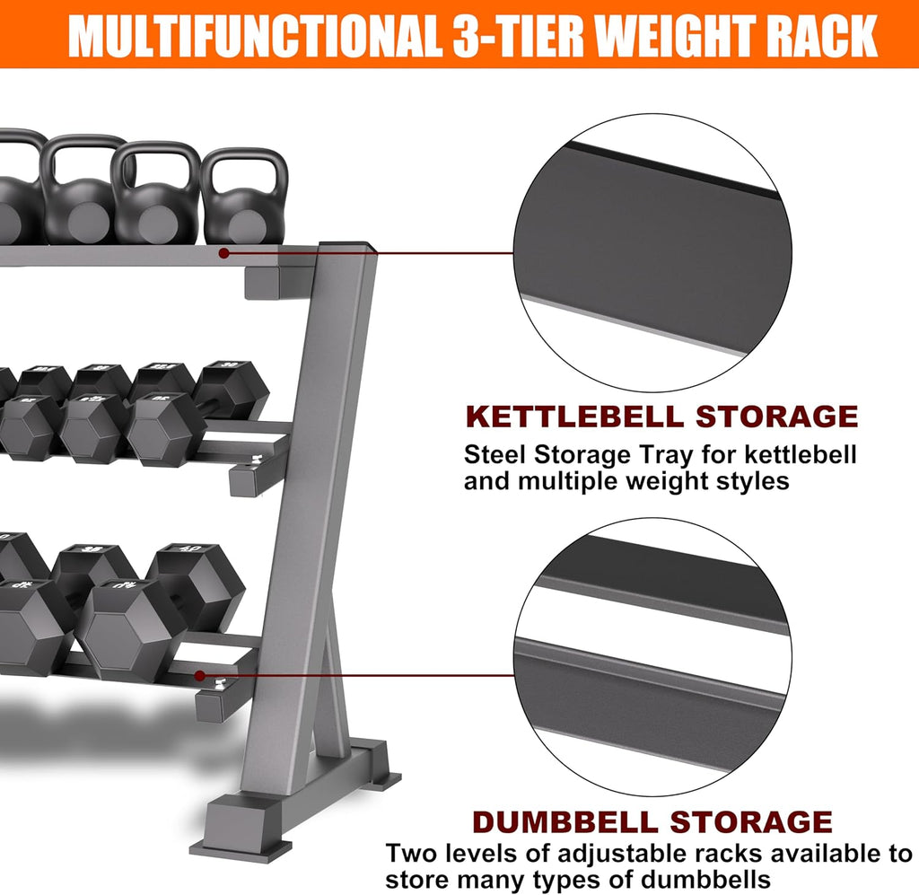 Heavy Duty 3 Tier Dumbbell Rack Stand, 1200LBS Commercial Weight Storage Organizer for Home Gym (Select Frame Type: Kettlebell Flat Tray, All Rails, or Rolling Wheels), Stand Only