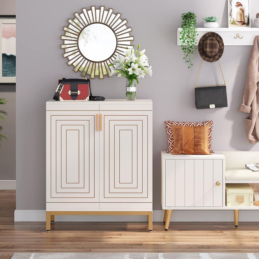 Tribesigns Shoe Cabinet with Doors, 20 Pairs Entryway Shoe Storage Cabinet with Shelves, 5-Tier Modern Free Standing Shoe Racks Storage Organizer for Closet, Living Room, Bedroom (White/Gold)