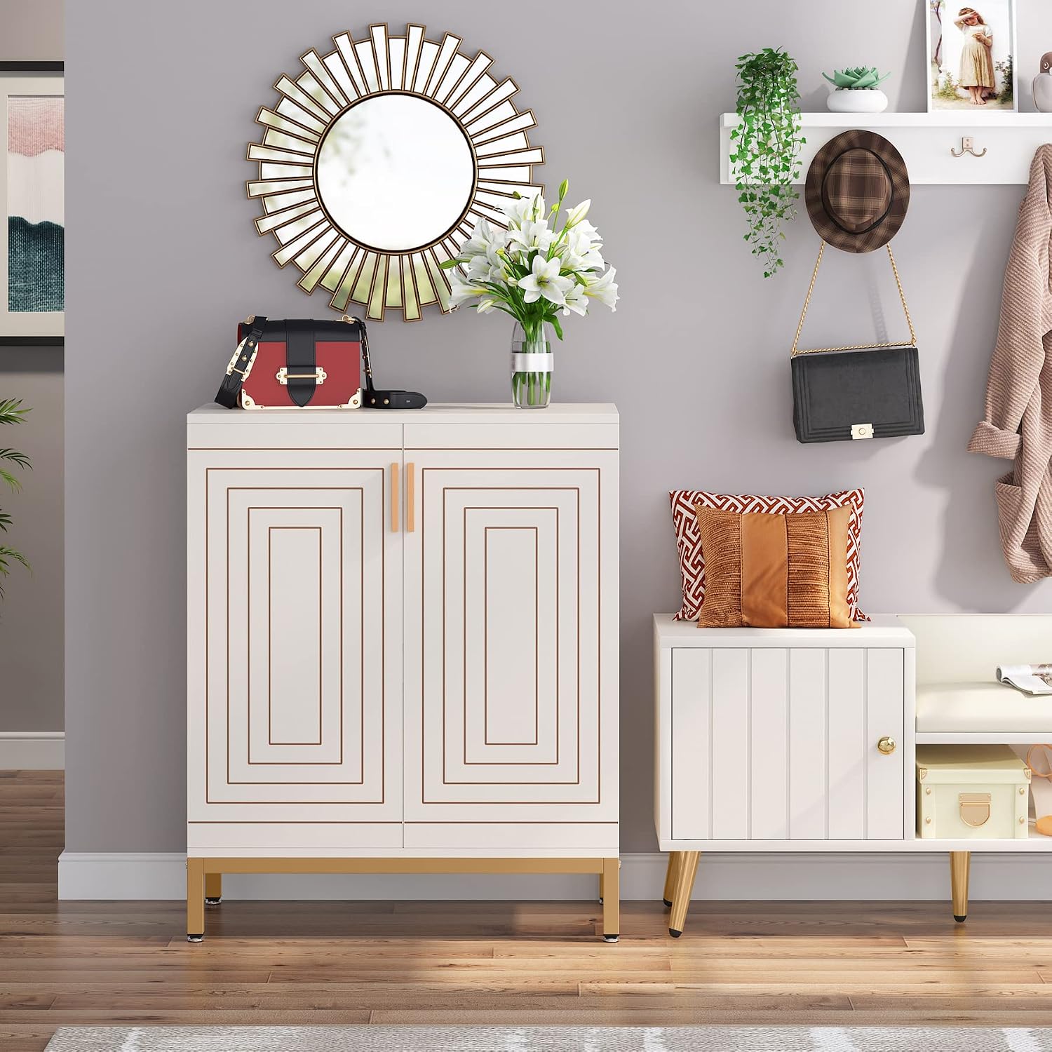 Tribesigns Shoe Cabinet with Doors, 20 Pairs Entryway Shoe Storage Cabinet with Shelves, 5-Tier Modern Free Standing Shoe Racks Storage Organizer for Closet, Living Room, Bedroom (White/Gold)
