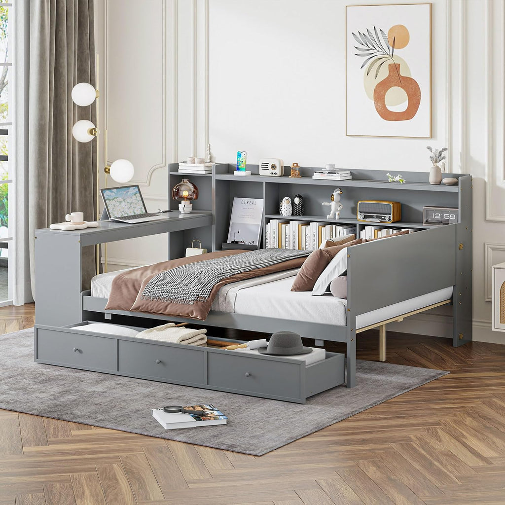 Full Size Daybed with Storage Shelves and Study Desk, Wooden Daybed Sofa Bed Frame with 3 Drawers and USB Ports for Office Living Room Bedroom, Maximize Space (Gray-22U)