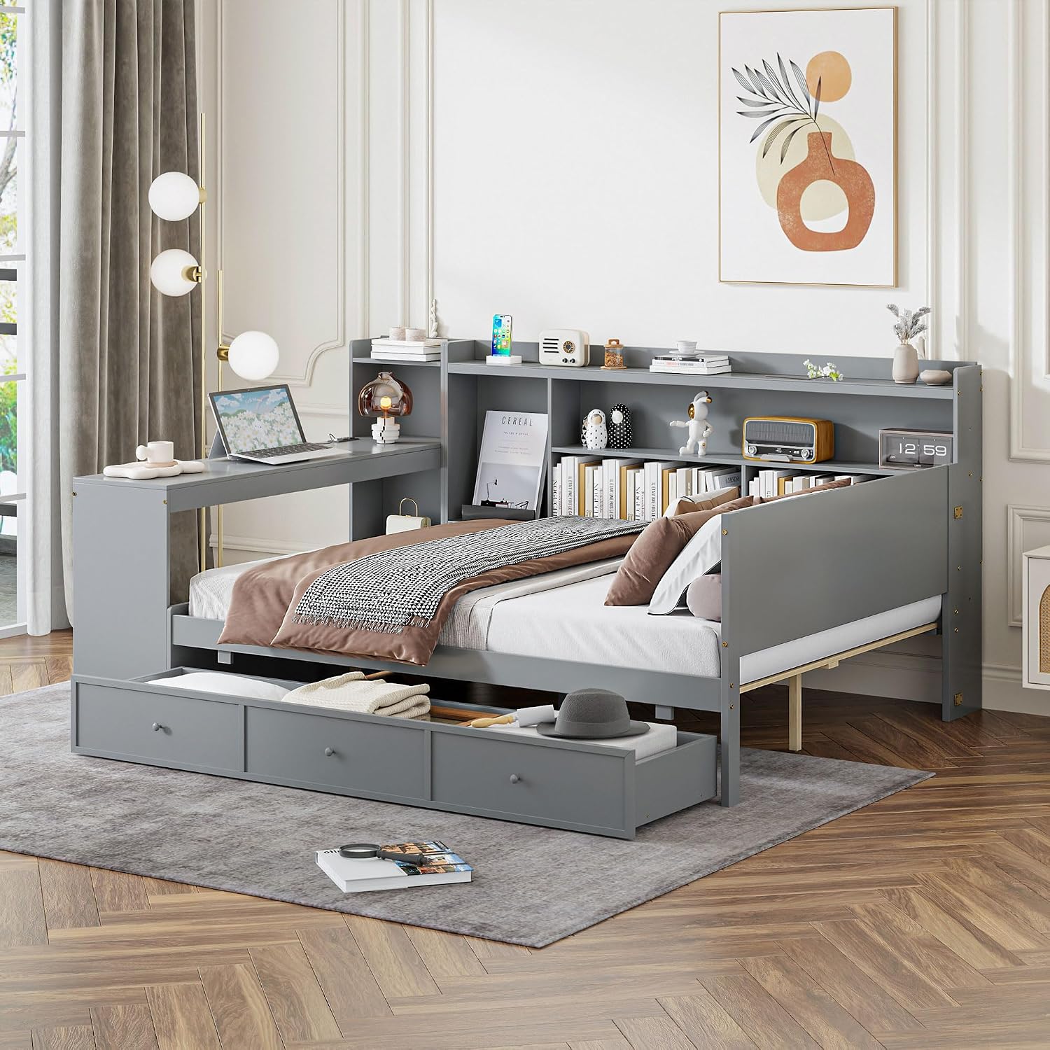 Full Size Daybed with Storage Shelves and Study Desk, Wooden Daybed Sofa Bed Frame with 3 Drawers and USB Ports for Office Living Room Bedroom, Maximize Space (Gray-22U)